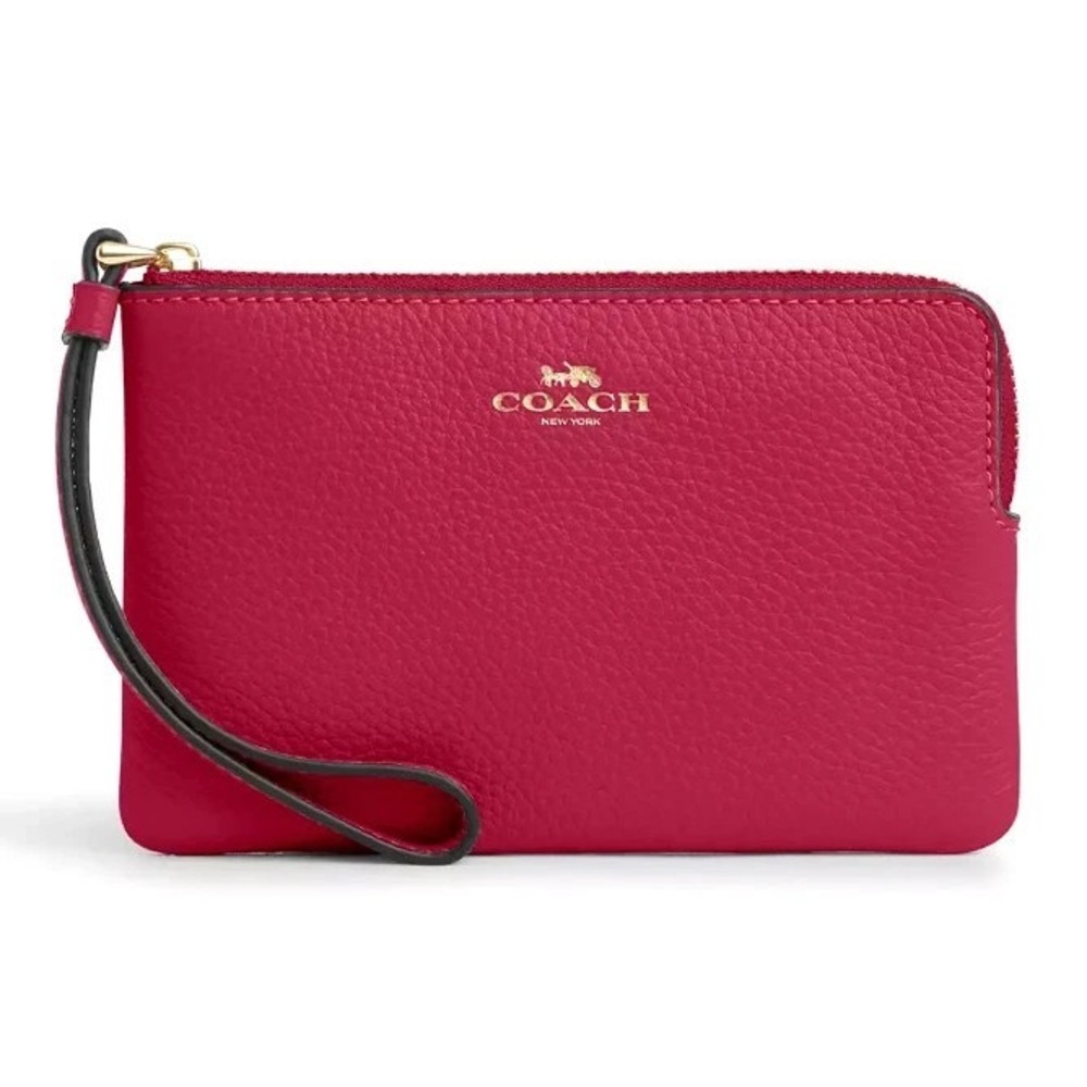 Coach Corner Zip Wristlet burgundy red patent leather gold hardware